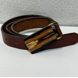 Vintage Brown Leather Belt with Inlaid Wood Striped Buckle Boho Artisan 40.5